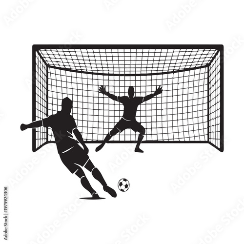 Football Penalty Kick Silhouette with Goalkeeper in Goal Net Vector Illustration