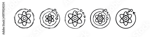 Hand-drawn icons: Atomic structure with orbiting electrons.