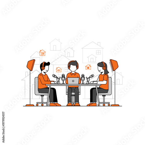 Three individuals engaged in a podcast recording session together