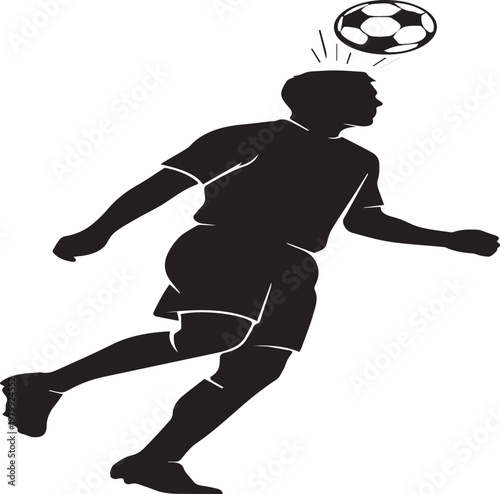 Soccer player heading ball in air, powerful header silhouette illustration