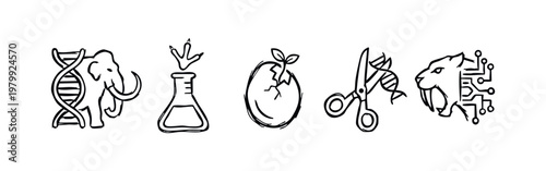 Hand Drawn Genetic Engineering and Evolution Icons with Mammoth DNA Lab Flask and Extinct Animal Elements