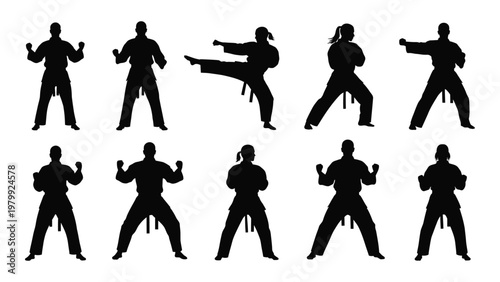 A collection of black silhouettes depicting individuals practicing various martial arts poses and stances against a white background high quality professional