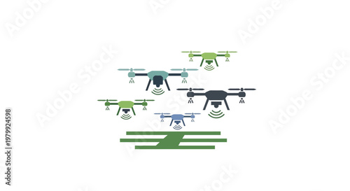 Drones in flight formation aerial view.