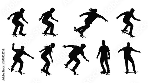 A collection of black silhouettes depicts diverse individuals actively skateboarding in various dynamic poses and stances high quality professional detailed modern