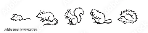 Hand Drawn Rodent and Small Mammal Icon Set Featuring Mouse Rat Squirrel Beaver and Hedgehog