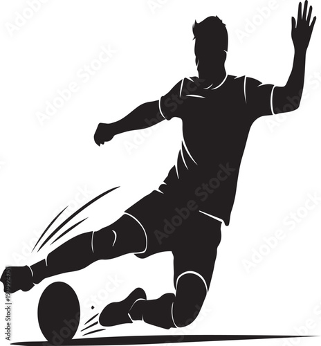 Soccer player sliding tackle hitting ball, intense match action silhouette