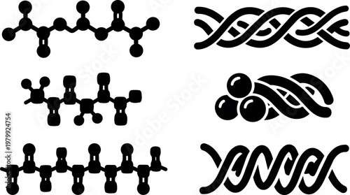 Black molecular and dna helix silhouettes vector art set on white