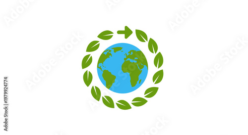Earth Globe with Green Leaves Circle.