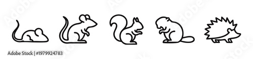 Minimalist Outline Icon Set of Rodents and Small Mammals Mouse Rat Squirrel Beaver and Hedgehog