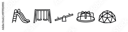 Minimalist Line Icons of Playground Equipment for Kids Featuring Slide Swing Seesaw and Carousel