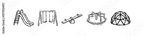 Hand Drawn Children Playground Equipment Icon Set with Slide Swing Seesaw Carousel and Dome