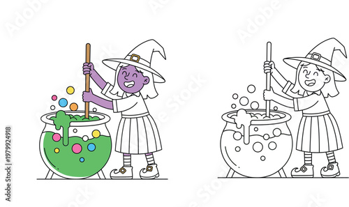 Little witch girl stirring magic potion in cauldron, coloring page and color version for Halloween celebration, cute cartoon character illustration, vector line art for kids.
