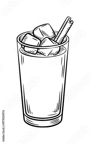 Hand-drawn of a tall glass filled with ice cubes and a cinnamon stick drink