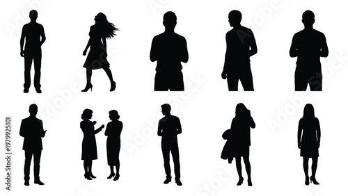 A collection of diverse silhouettes depicts a group of people standing and interacting in various casual poses high quality professional detailed