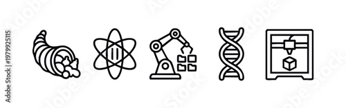 Outline Icons: Cornucopia, Atom, Robot Arm, DNA, 3D Printer