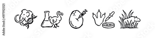 Doodle Icons: Mammoth, DNA, Beaker, Dodo Bird, Cracked Egg, Footprint, Pipette