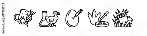 Outline Icons: Mammoth, DNA, Beaker, Dodo Bird, Cracked Egg, Footprint, Pipette