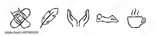Doodle Icons: Bandages, Feather, Cupped Hands, Reclining Person, Coffee Cup