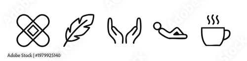Outline Icons: Cross Bandages, Feather, Cupped Hands, Reclining Person, Coffee Cup
