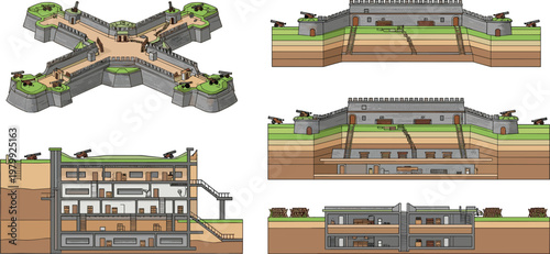 Historical Fortress Cross Section Illustration Set with Underground Bunkers, Military Defense Structures, Cannon Walls, and Fort Architecture Cutaway Views Collection