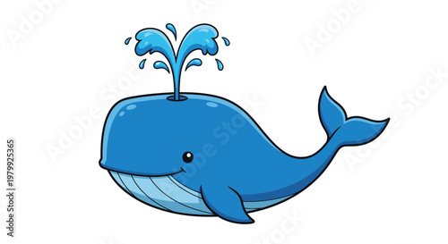 Cute cartoon blue whale spouting water, isolated on white background