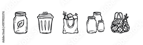Doodle Icons: Jar with Leaf, Trash Can, Grocery Bag, Mason Jars, Net Bag