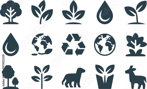 Collection of flat vector icons representing environmental sustainability nature conservation and global ecological awareness protection symbols