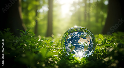 Fragile earth a globe resting in a lush green forest ecosystem