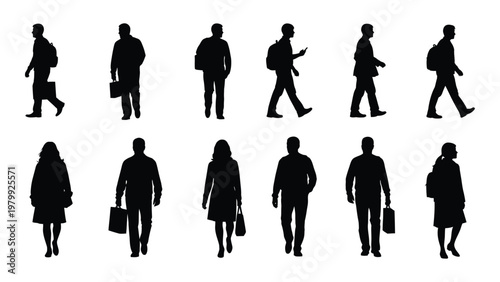 A collection of black silhouettes depicts diverse people walking in various postures and clothing styles facing different directions high quality professional