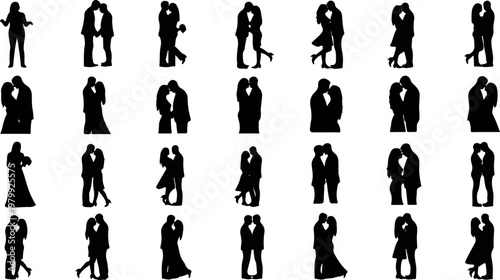 Romantic Couple Silhouette Collection with People Kissing, Hugging, and Embracing. Black Vector Set for Wedding Invitations, Valentine’s Day, and Love Concept Designs.