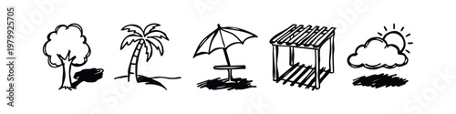 Hand Drawn Outdoor and Garden Icon Set Sketchy Tree Palm Umbrella Gazebo and Cloud Icons
