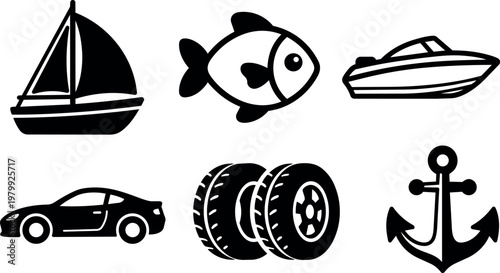Car sailboat fish motorboat wheels and anchor icons