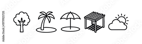 Outdoor and Nature Garden Icon Set Linear Vector Tree Palm Umbrella Gazebo and Cloud Icons