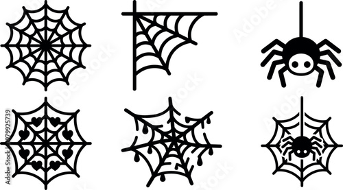 Black silhouette spider and various spider web vector icons collection