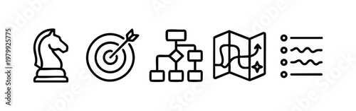 Business Strategy and Planning Icon Set Linear Vector Chess Target Flowchart Map and List Icons