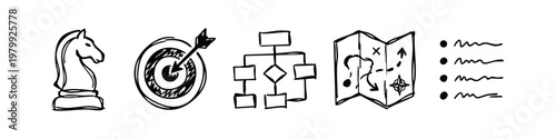 Hand Drawn Business Strategy and Planning Icon Set Sketchy Chess Target Flowchart Map and List Icons