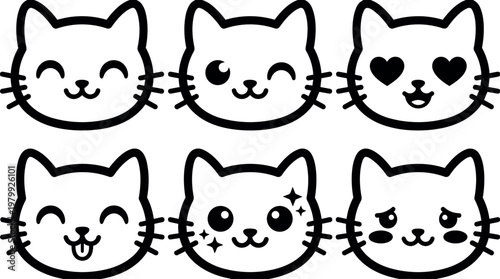 Black and white cute cat faces with different emoji expressions vector art
