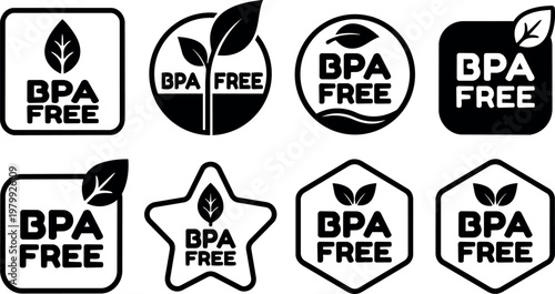 Black and white bpa free labels with leaf icons in various shapes