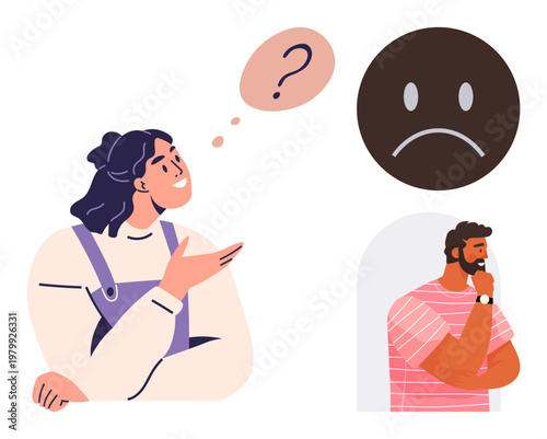 Communication challenges, emotional expression, relationships, mental health, problem-solving, decision-making. A woman thinking about emotions, a man pondering deeply. Communication challenges