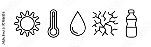 Simple Outline Icons for Climate Change Heat and Water Scarcity