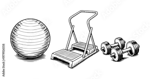 Vintage of exercise ball, stair stepper, and dumbbells white background, fitness workout