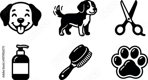 Black and white flat design dog grooming icons with brush paw scissors and shampoo