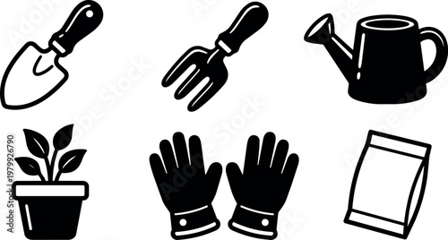 Black and white gardening tools set with gloves plant pot and watering can