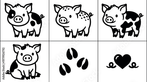 Black and white piglets with coffee beans and heart vector art