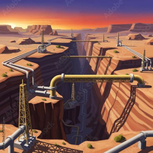 Oil and gas pipelines crossing a deep desert canyon with industrial structures.