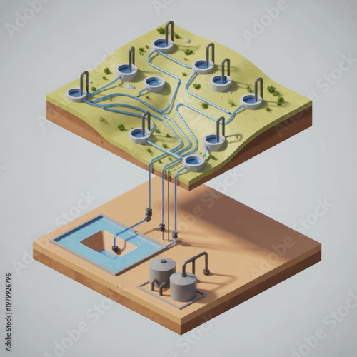 Isometric illustration of a geothermal power plant system.