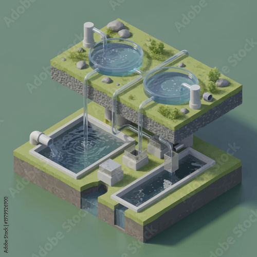 Isometric Water Purification System with Cascading Pools and Reservoirs.