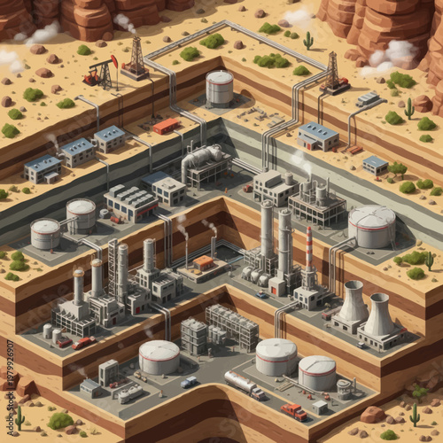 Industrial Oil Refinery Complex in Desert Landscape.