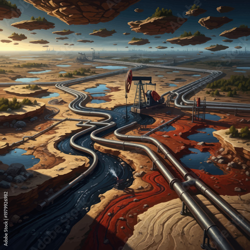 Oil pump jack and pipelines in industrial landscape.