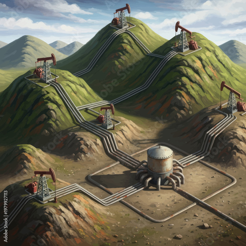 Oil pumps and pipelines on green hills.